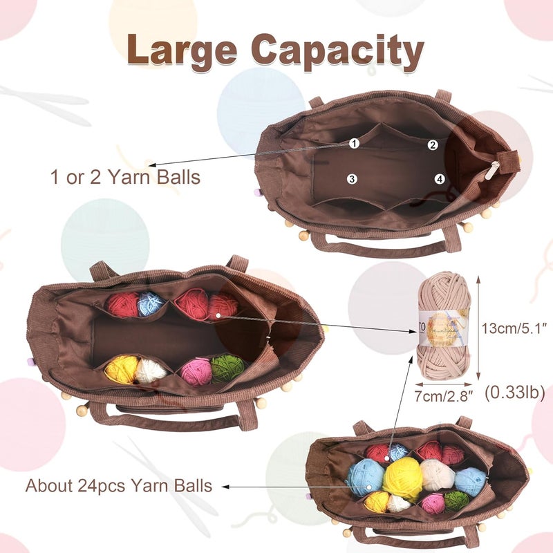 LOOEN Crochet Bag Organizer, Large Capacity Yarn Storage Bag, Portable Corduroy Knitting Bag and Totes for Travel, Used to Organize Yarn, Crochet Hooks, Ideal Gift for Crochet Lovers(Brown) - Image 3